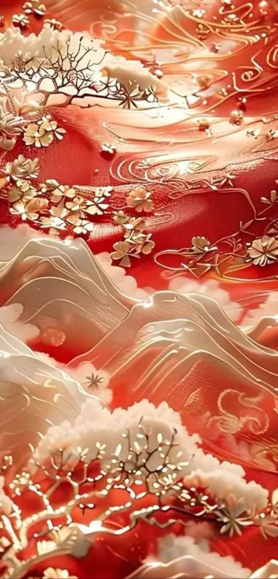 Elegant red floral mountain mobile wallpaper design.