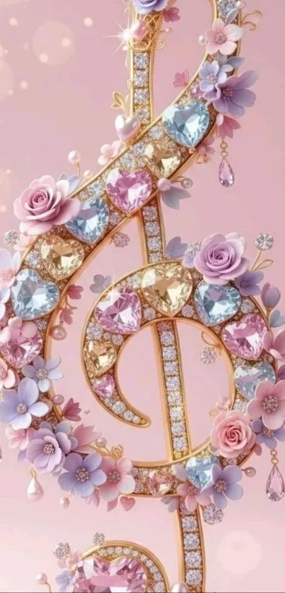 Floral treble clef with gemstones on pink background.