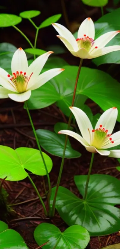 Elegant white flowers with green leaves, creating a serene nature wallpaper.