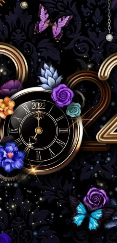 Elegant New Year wallpaper with floral and clock design.