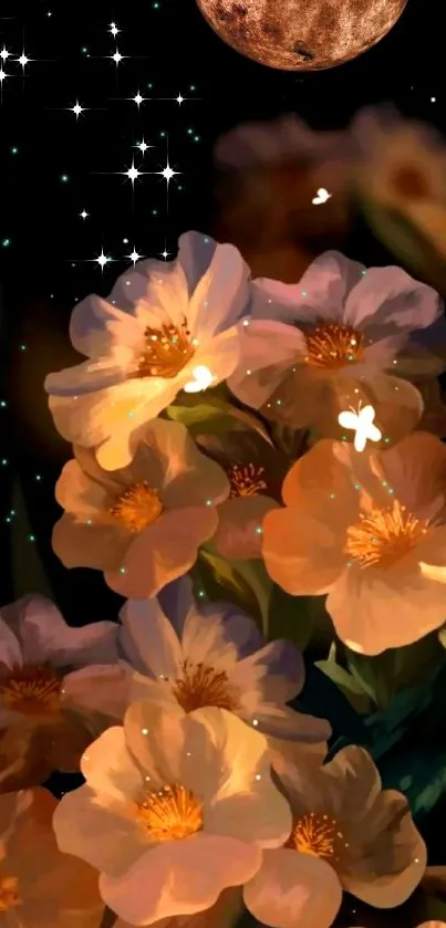 Mobile wallpaper with orange flowers and night sky.