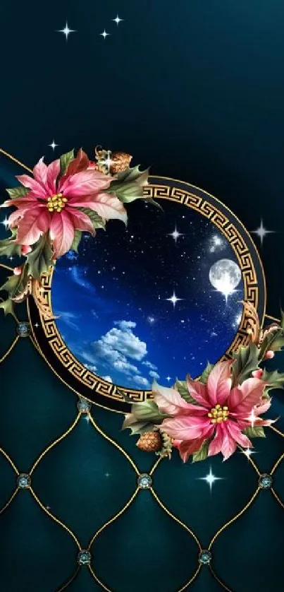 Elegant floral wallpaper with night sky and moon.