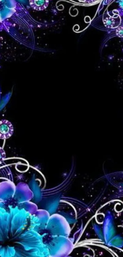 Elegant mobile wallpaper with blue and purple flowers on black background.