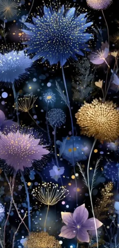 Elegant floral night wallpaper with blue and gold blossoms.