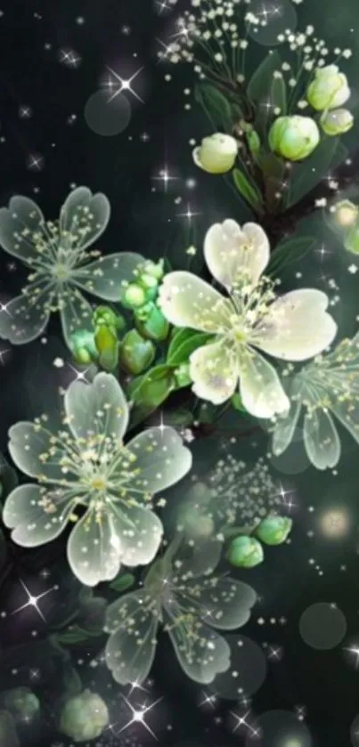 Elegant white flowers against a dark, starry background, creating a tranquil nightscape.