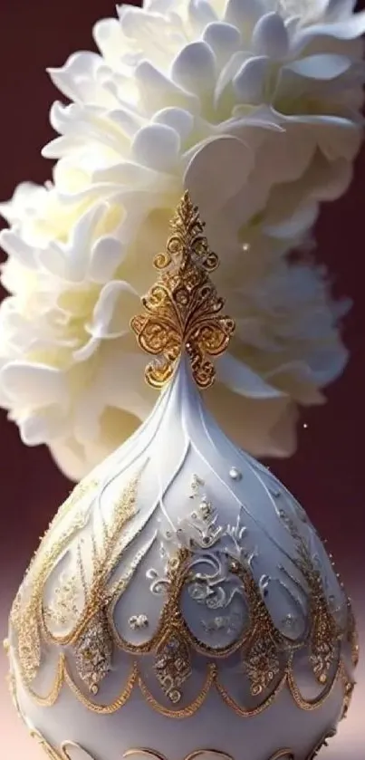 White ornament with gold details and floral background.