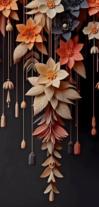 Elegant paper art wallpaper featuring vibrant flowers on a dark background.