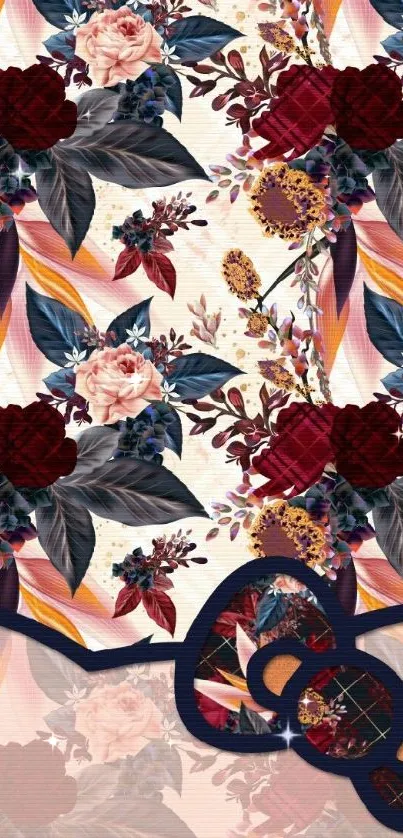 Elegant floral pattern with burgundy and peach blooms on a mobile wallpaper.