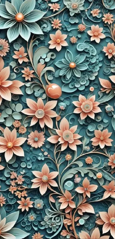 Elegant teal and peach floral wallpaper with intricate designs.