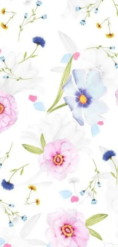 Elegant wallpaper with pink and blue flowers on a white background.