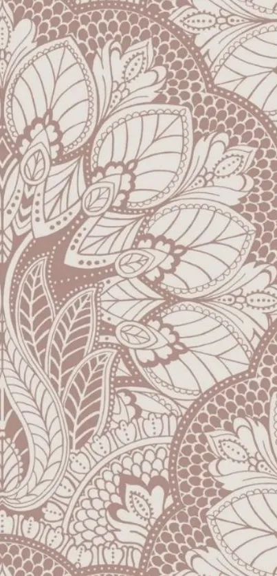 Elegant floral pattern wallpaper with a lace-like design in soft brown shades.