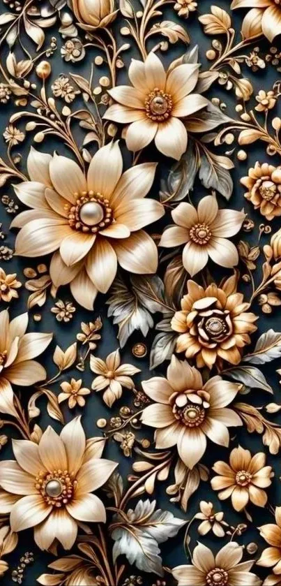 Elegant gold and black floral wallpaper design.