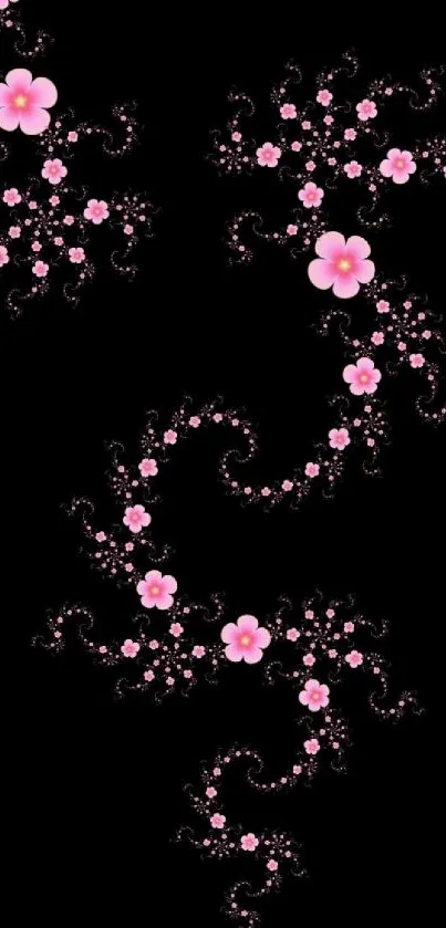 Elegant floral wallpaper with pink flowers on a black background.