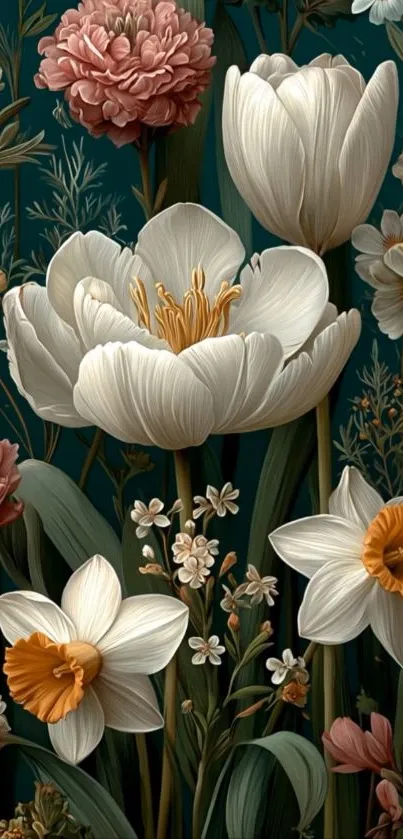 Elegant floral wallpaper with colorful blossoms on a teal background.