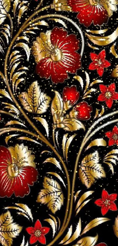 Elegant floral wallpaper with red and gold flowers on black background.