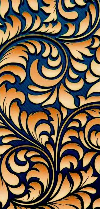 Elegant golden floral pattern on dark blue background.