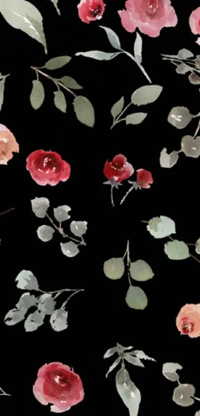 Elegant wallpaper with watercolor roses and leaves on a black background.