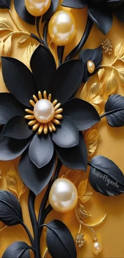 Elegant black flowers with pearls on golden background.