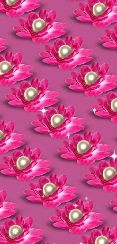 Pink floral pattern with pearls on lotus blossoms.