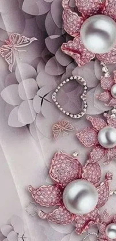 Elegant floral wallpaper with pearls and pink hues.