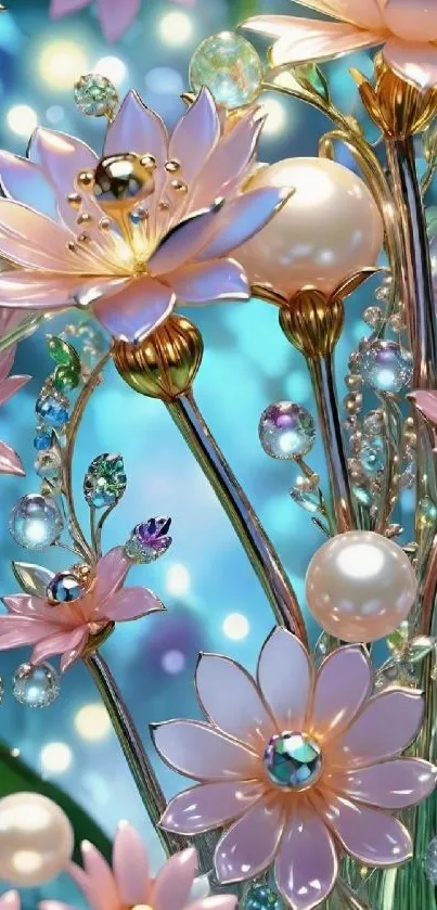 Elegant floral mobile wallpaper with pearls and jewels in turquoise hues.