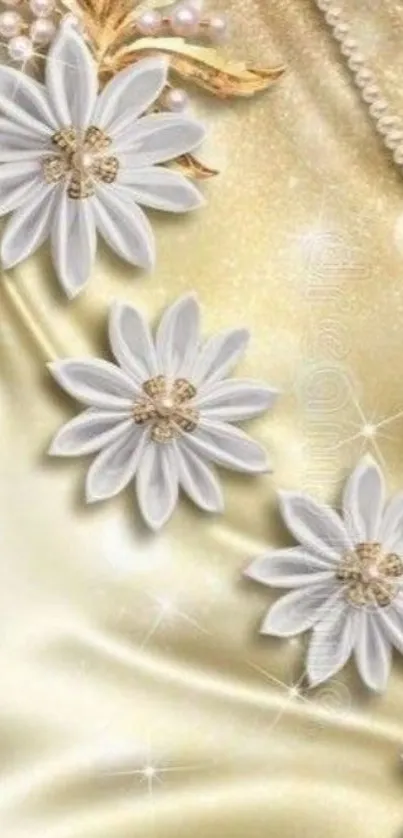 Elegant mobile wallpaper with white flowers and pearls on a gold background.