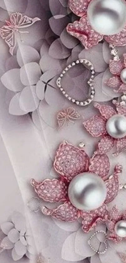 Elegant floral mobile wallpaper with pink pearls and delicate design.