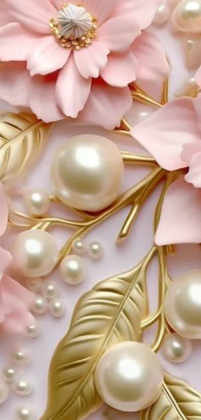 Elegant floral pearl design with pink petals and golden leaves.