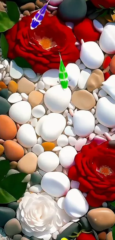 Floral pebble wallpaper with red roses and green leaves.