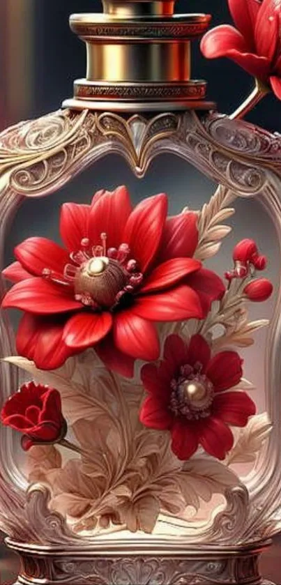 Ornately designed perfume bottle with red flowers.