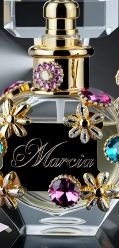 Artistic perfume bottle with floral and jewel embellishments.