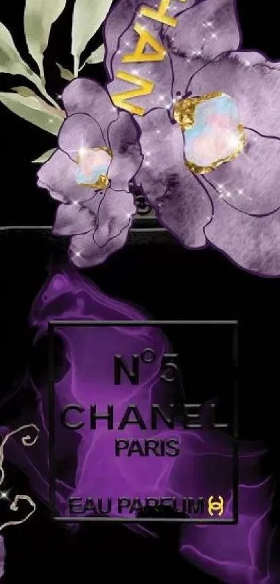 Elegant perfume bottle wallpaper with purple floral design.