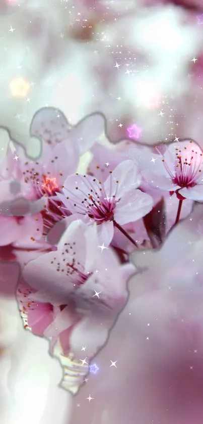 Delicate cherry blossoms with sparkles on a soft pink background.