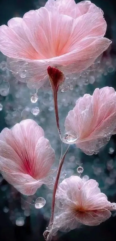 Elegant pink floral wallpaper with water droplets.