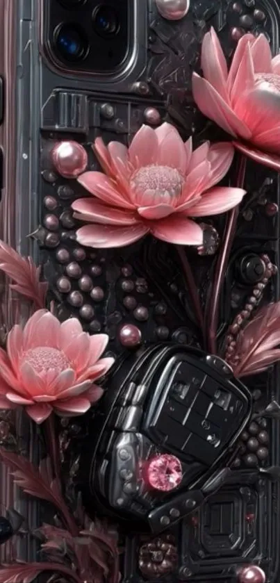 Close-up of a phone with pink floral design.