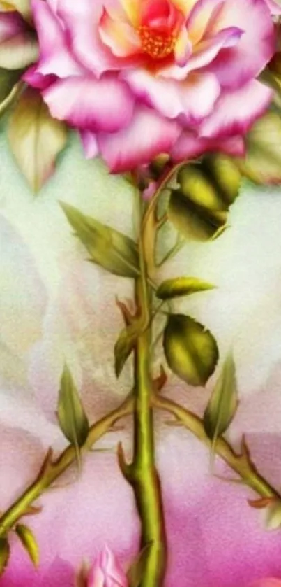 Elegant pink flower wallpaper with green leaves.