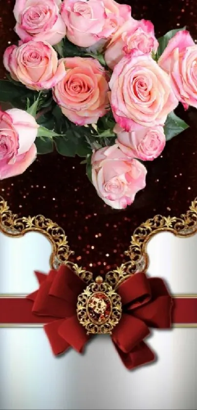 Pink roses with red bow in decorative design wallpaper.