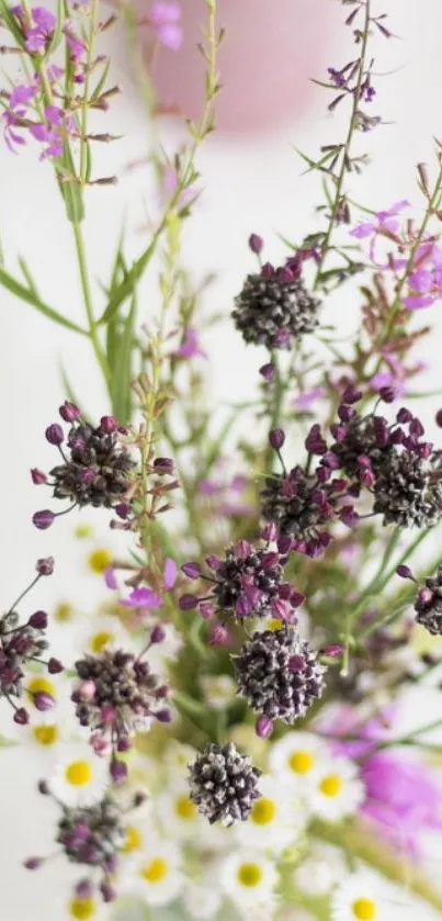 Elegant wildflower bouquet wallpaper with delicate purple and white blooms.