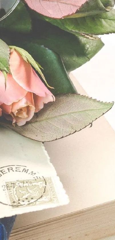 Soft pink rose on vintage book cover.