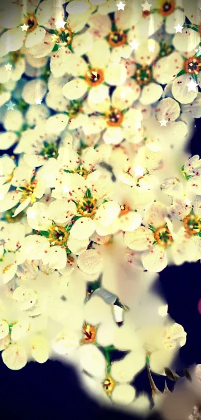 Elegant floral wallpaper with white blossoms on a dark background.