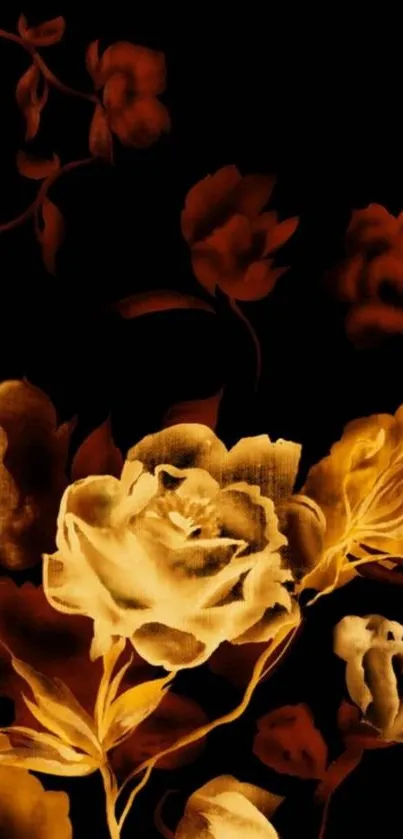 Elegant floral wallpaper with golden roses on a black background.