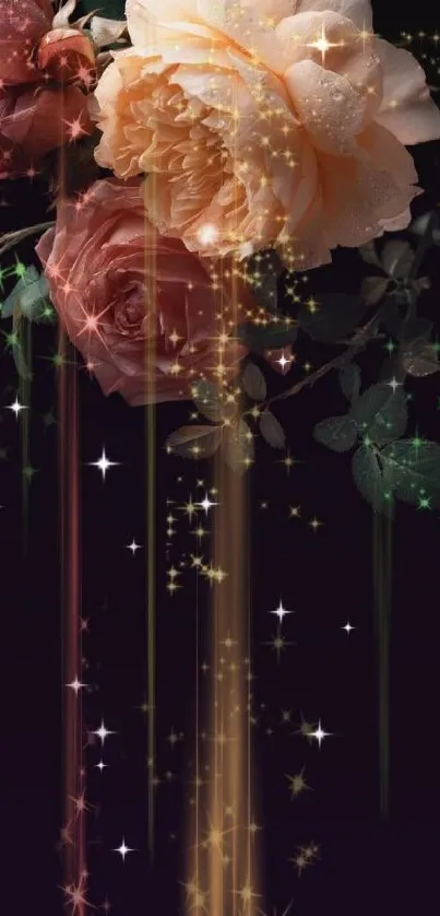 Elegant dark floral wallpaper with roses and sparkles.