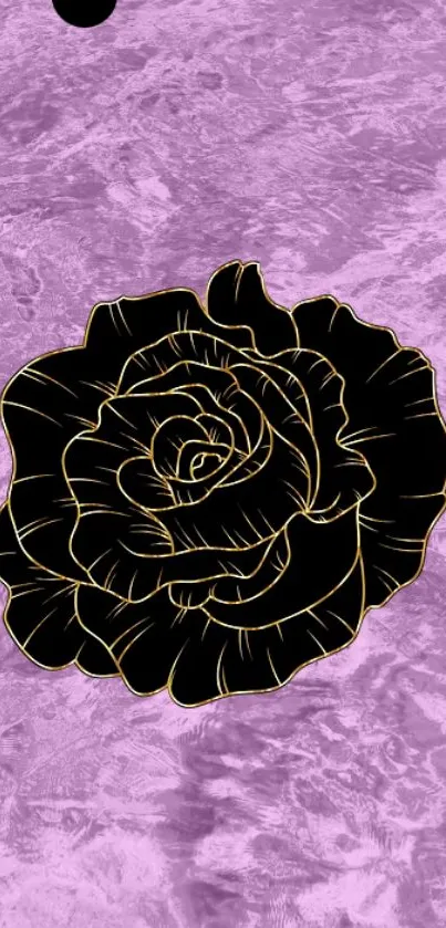 Black rose with gold outline on textured purple background.