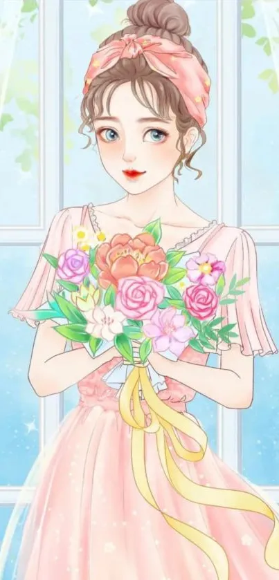 Woman holding a floral bouquet in a pastel-themed wallpaper.