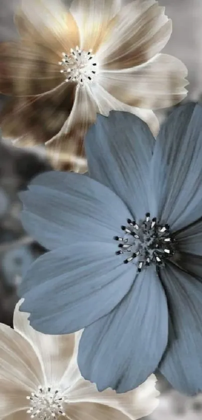 Elegant floral wallpaper with muted blue flowers and beige highlights.