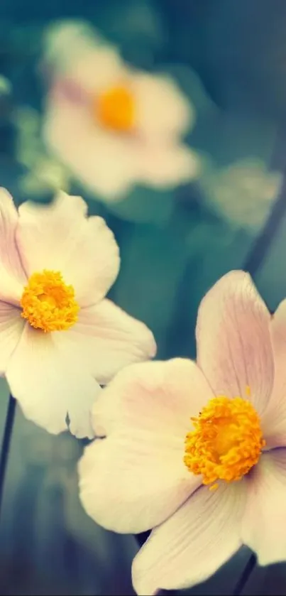 Delicate white flowers with yellow centers on a green background in elegant wallpaper.