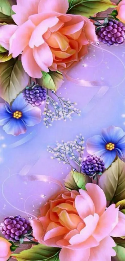 Elegant floral wallpaper with roses on a purple background.