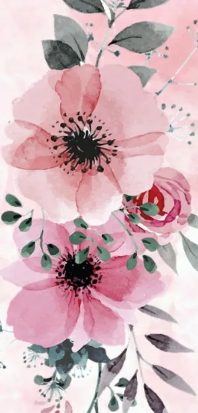 Elegant pink watercolor floral phone wallpaper.