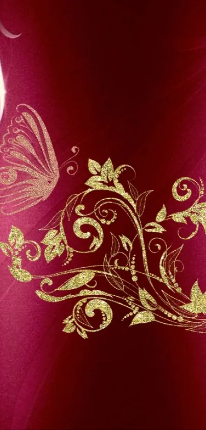 Elegant maroon phone wallpaper with gold floral and butterfly design.