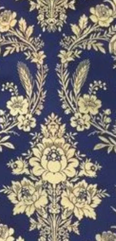 Elegant floral wallpaper with gold accents on a dark blue background.